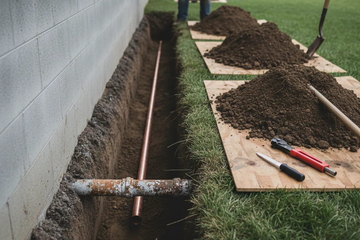 Excavated water line trench during Water Softener Installation in Nelsonville